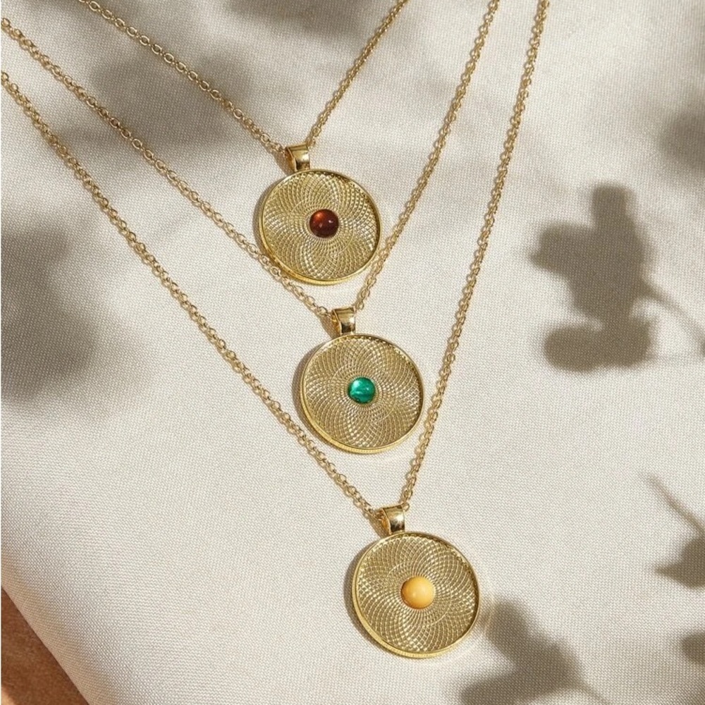 3 For 25 Round Gold Disc Charm Layered Necklace with gemstones - Picture 8 of 9